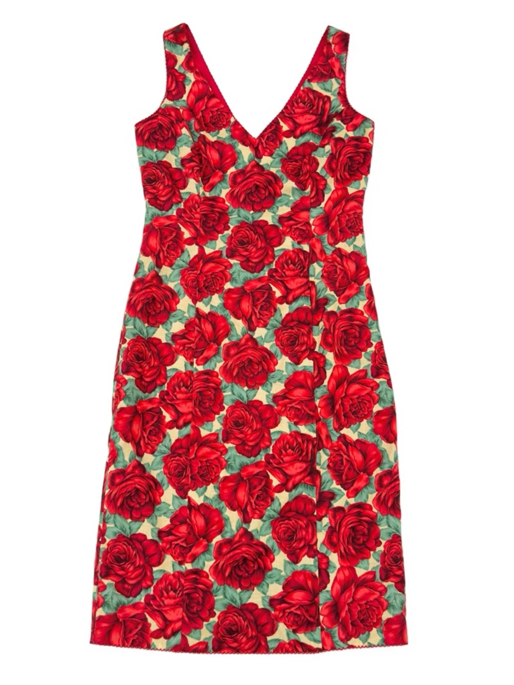 Vintage 90s Helen Wang Red Rose Lined Scallop Trim Sleeveless V-Neck Dress